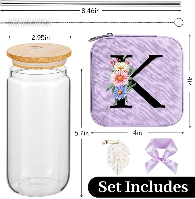 AYGXU Bridesmaid Gifts for Wedding Day,Bridesmaid Proposal Gifts,Drinking glass with Bamboo Lids and Straw,Jewelry Organizer,Travel Essentials Small Jewelry Box,Initial K purple