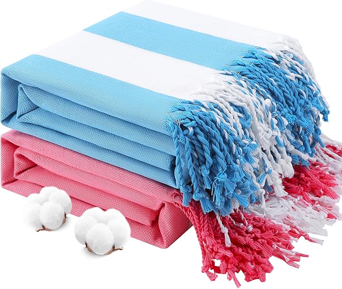 Genovega 2 Packs Oversized Turkish Beach Towels 74"x38" Thin Quick Dry Sand Free Pool Swim Bathing Towel Extra Large Blanket Adult Travel Essentials Accessories Summer Vacation Blue Pink Stripe