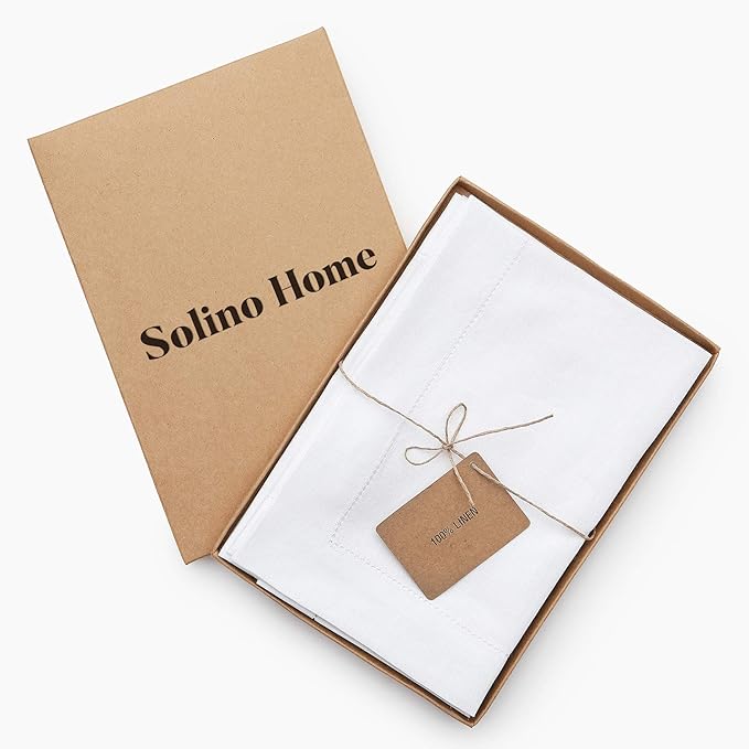 Solino Home White Linen Napkins Set of 4-100% Pure Linen Hemstitch Dinner Napkins 20 x 20 Inch for Winter, Valentines, Holiday, New Year - Classic Hemstitch