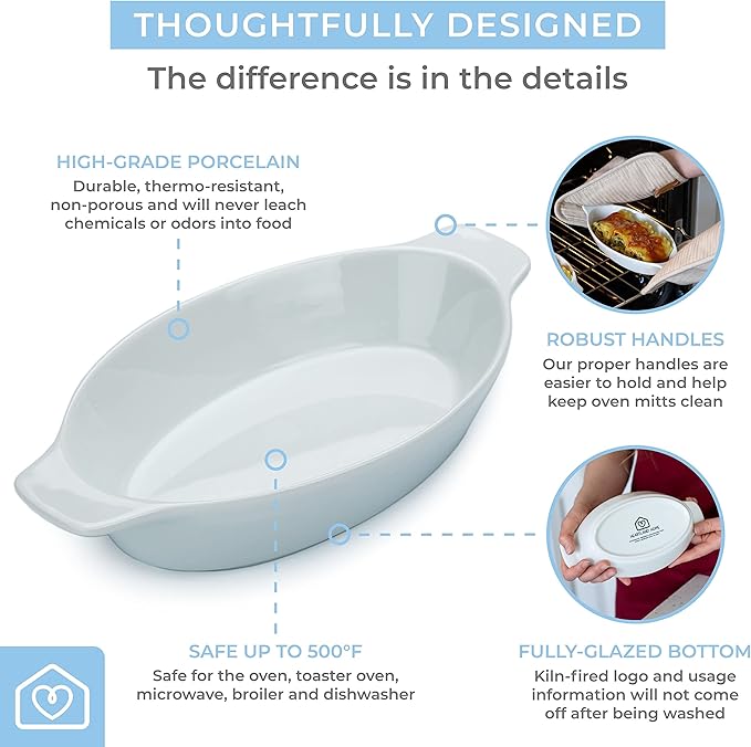 Heartland Home Porcelain Mini Casserole Dish Oval Au Gratin Dish (4pc Set). Cauliflower Baking Dish, Banana Split Bowls, Single Serving Dishes, Small Individual Gratin Dishes Set