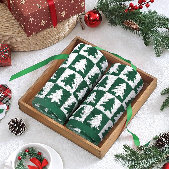 Jacquotha Christmas Hand Towels Set - 4-Piece Green Checkered & Tree Towels for Bathroom Kitchen Decor, Holiday Winter Cheer, Cotton, 13” x 29”