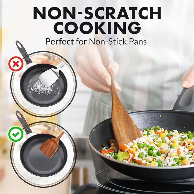 Zulay Kitchen 7-Piece Wooden Cooking Spoons Set – Heat-Resistant, Smooth Teak Utensils with Comfort Grip – Lightweight & Durable – Easy to Clean, Perfect for Non-Stick Cookware