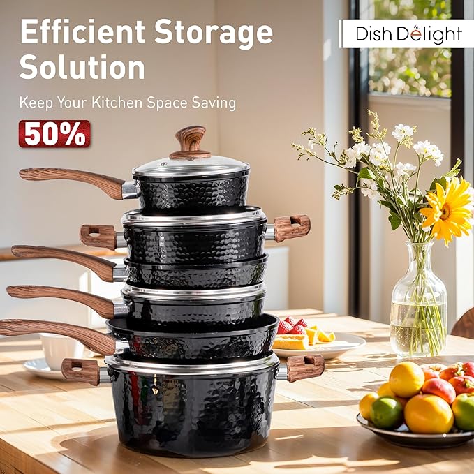 DishDelight 15 Piece Pots and Pans Set Non Stick, Induction Nonstick Kitchen Cookware Sets, Nonstick Induction Cookware with Frying Pans and Saucepan Set, Non-toxic Kitchen Cooking Set, Black