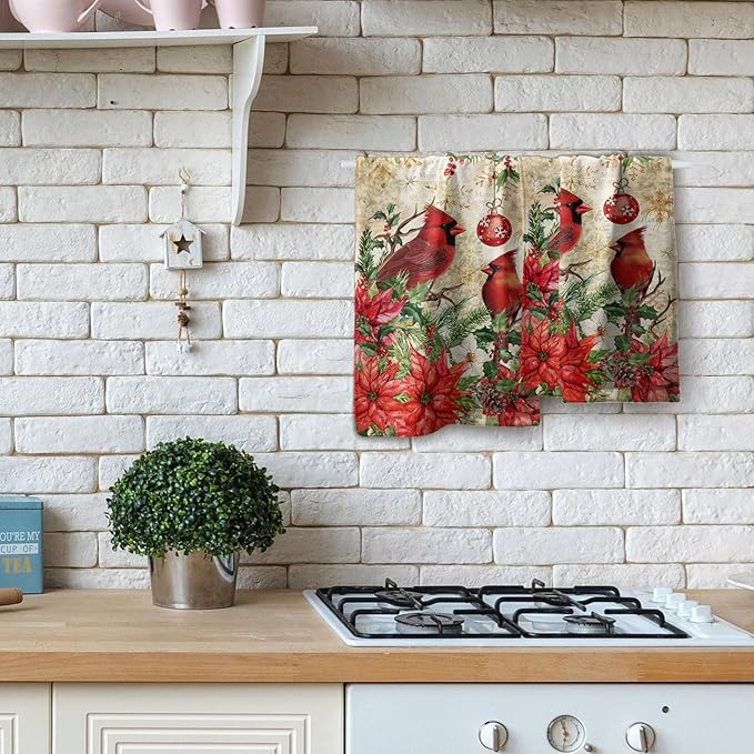 Imiss Merry Christmas Hand Towels Xmas Red Bird Holly Floral Kitchen Decor Soft Absorbent Fingertip Guest Towel for Home Bathroom Hotel Gym Spa