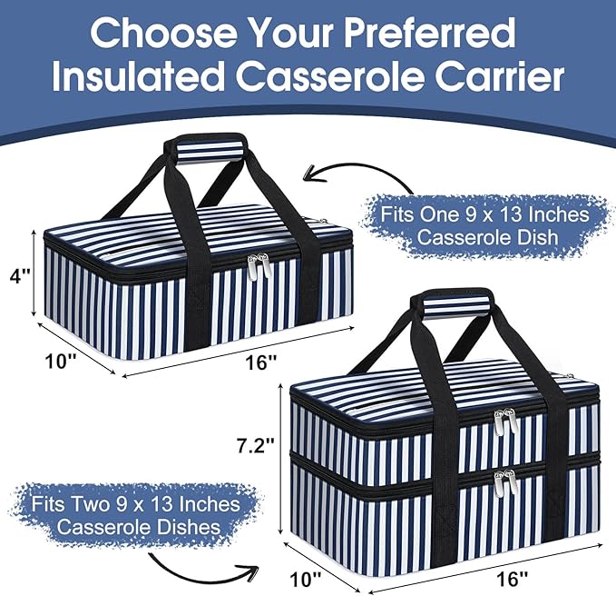 Insulated Casserole Carrier, Portable Casserole Carrier for Hot or Cold Food Lunch Tote Warmer or Cooler Bag, Lasagna Lunch Bag for Potluck Parties- Fits 9" x 13" Baking Dish-Blue Stripes