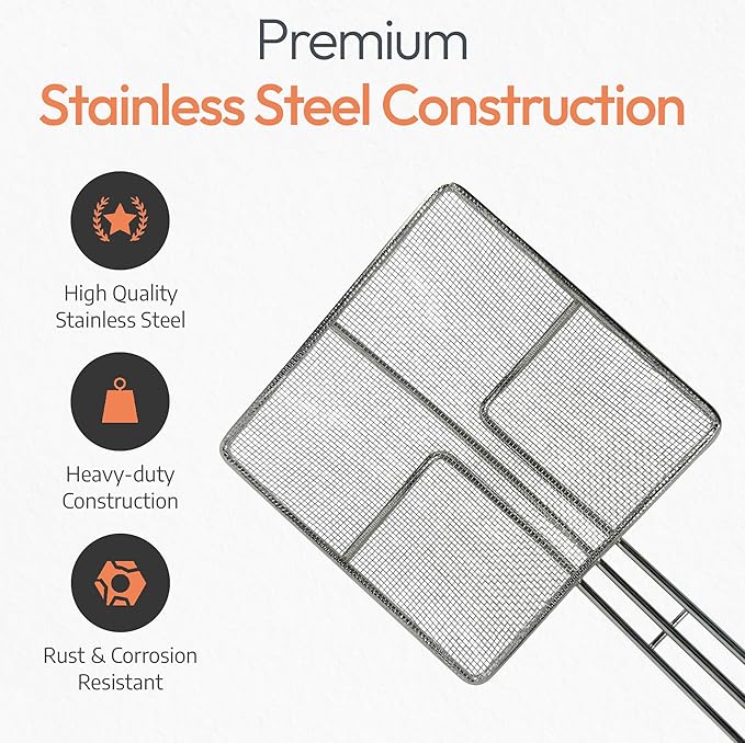 Wire Mesh Strainer with Long Handle | 2-Pack | 6.5" Square Frying Spoon | Cooking Oil Strainer for Deep Fryer & Professional Restaurant Use | Commercial Grease Skimmer