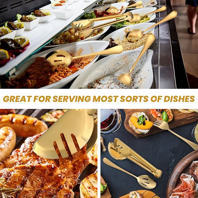 Patelai 8 Pieces Christmas Stainless Steel Gold Serving Utensils Set 8.7" Large Spoons and Slotted Spoon 9.45" Tong 9" Forks Flatware Wedding Party Buffet Banquet Cooking Kitchen Catering