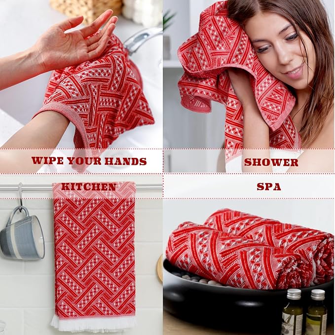 4 Pack Boho Bathroom Hand Towel 14 x 30 Inch 100% Turkish Cotton Decorative Boho Kitchen Hand Towel Farmhouse Bathroom Decor Set Absorbent Soft Guest Tea Gift(Red,White)
