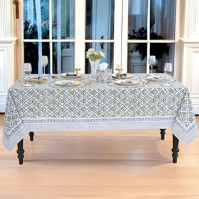 Ridhi Light Steel Blue Hand Block Print Cotton Rectangle Tablecloth 160" x 72" inches Reusable Table Cover Decorative Everyday Use for Dining, Farmhouse, Home, Party, Festive, Wedding, Fall