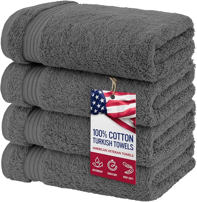 American Veteran Towel, Hand Towels for Bathroom Set of 4, 100% Cotton Turkish Hand Towel Sets, Soft Hand Face Towels, Dark Gray Hand Towels