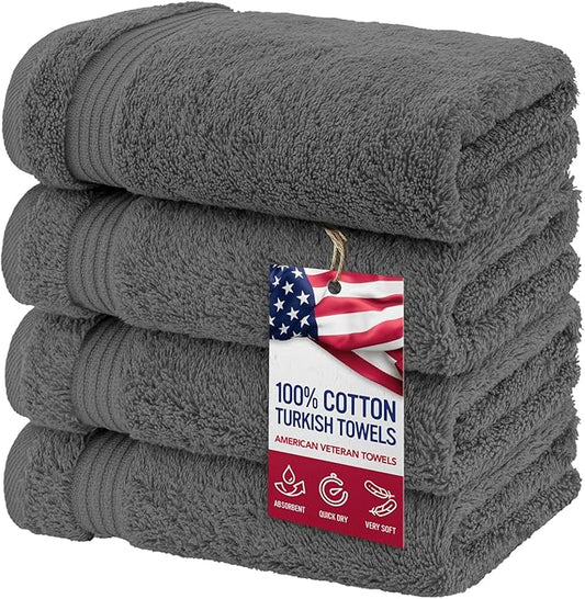 American Veteran Towel, Hand Towels for Bathroom Set of 4, 100% Cotton Turkish Hand Towel Sets, Soft Hand Face Towels, Dark Gray Hand Towels