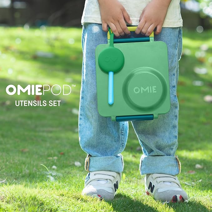 Omie OmieBox Kids Utensils Set with Case - 2 Piece Plastic, Reusable Fork and Spoon Silverware with Pod for Kids (Mint Green)