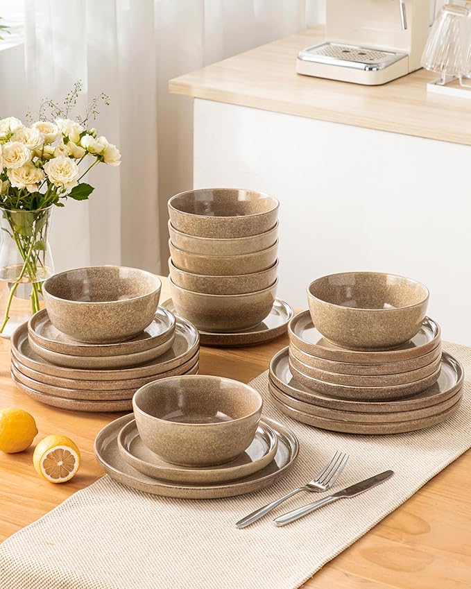vancasso ANYA 18 Pieces Plates and Bowls Set, Caramel Dinnerware Sets, Reactive Glaze Dishes Set for 6, Ceramic Dishware Sets Kitchen Dinner Set, Microwave & Dishwasher Safe