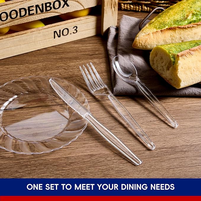 JOLLY CHEF 300 Count Clear Plastic Silverware, 100 Forks, 100 Spoons, 100 Knives, Heavy Duty Disposable Plastic Cutlery Set, Plasticware Bulk, Premium Clear Utensils for Party, Christmas