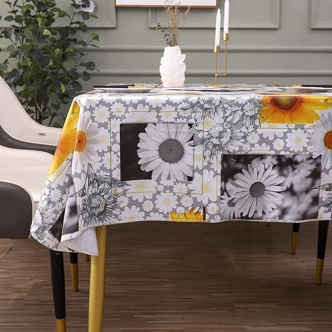 Heavy Duty Vinyl Tablecloth with Flannel Backing Waterproof Oil-Proof Plastic Table Cloth Stain-Resistant Wipeable Rectangle or Square Table Cover for Indoor and Outdoor ( Sunflower, 52X70 Inch)