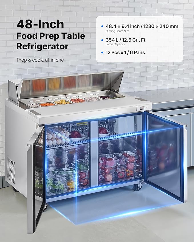 VEVOR 48"W Commercial Refrigerator, 12.5 Cu. Ft Sandwich Prep Refrigerated Table, Mega Top Food Prep Fridge with 12 Pans and Cutting Board, Stainless Steel Salad Prep Cooler for Restaurant, Food Truck