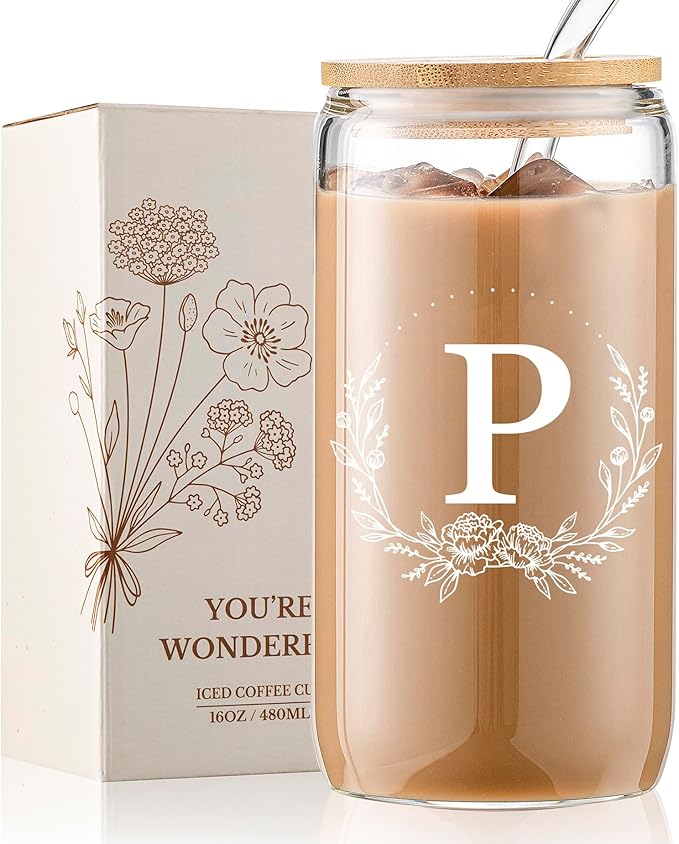 Personalized Gifts for Women, Monogrammed 16oz Glass Cups with Bamboo Lids and Straws, Customized Glass Tumbler, Cute Custom Mug, Customizable Initial Iced Coffee Glasses, Birthday Bridesmaid Mom, P