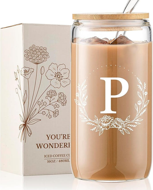 Personalized Gifts for Women, Monogrammed 16oz Glass Cups with Bamboo Lids and Straws, Customized Glass Tumbler, Cute Custom Mug, Customizable Initial Iced Coffee Glasses, Birthday Bridesmaid Mom, P