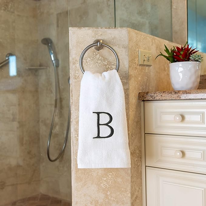 Dark Gray and White Bathroom Hand Towel - Monogrammed Luxury Hotel Quality Decorative Embroidered Towel for Powder Room, Spa - GOTS Organic Certified - Pack of 2, Letter B