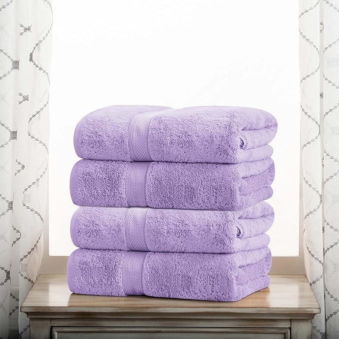 Superior Egyptian Cotton Pile Bath Towel Set of 4, Ultra Soft Luxury Towels, Thick Plush Essentials, Absorbent Heavyweight, Guest Bath, Hotel, Spa, Home Bathroom, Shower Basics, Purple