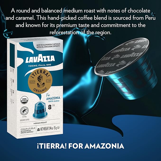 Lavazza TIERRA AMAZONIA USDA ORGANIC Espresso Aluminum Capsules Compatible with Nespresso Original Machines (Pack of 60) ,Value Pack, Medium Roast 100% Arabica, Round & Balanced, notes of chocolate & caramel, Intensity 8 of 13