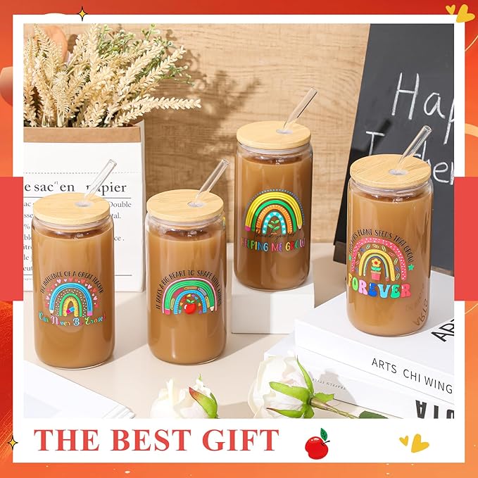 4 Pcs 16 oz Christmas Teacher Gifts for Women Teacher Appreciation Gifts Thank You Coffee Cup Tumbler Drinking Glass Beer Cups with Bamboo Lids Glass Straw Cleaning Brush for Employee Staff(Peppy)