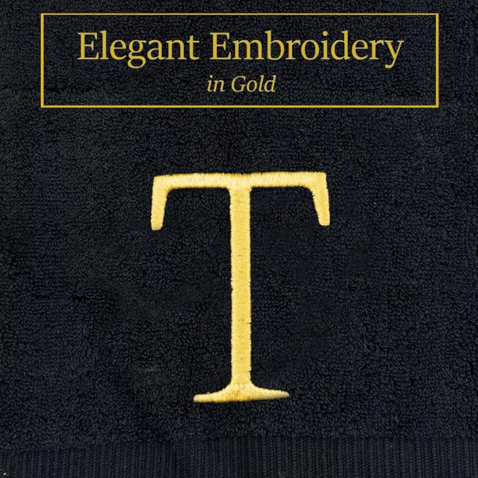Black and Gold Bathroom Hand Towel - Monogrammed Luxury Hotel Quality Decorative Embroidered Towel for Powder Room, Spa - GOTS Organic Certified - Pack of 2, Letter T