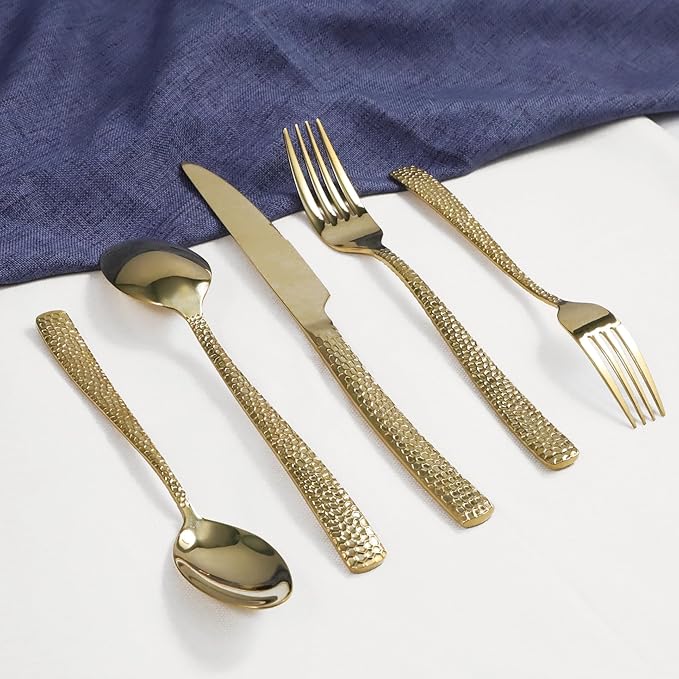 Gold Hammered Silverware Set, 40 Piece Stainless Steel Flatware Set for 8, Food-Grade Tableware Cutlery Set for Home Restaurant, Mirror Polished, Dishwasher Safe