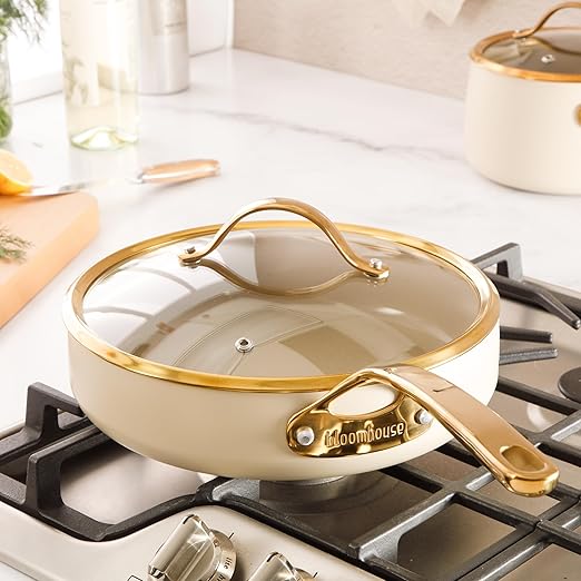 bloomhouse - Two Time Oprah's Favorite Things Winner - 10 Inch Heavy Duty Aluminum Premium PFA Free Ceramic Nonstick Saute/Deep Frying Pan Skillet with Lid - Almond Cream w/Gold Handle