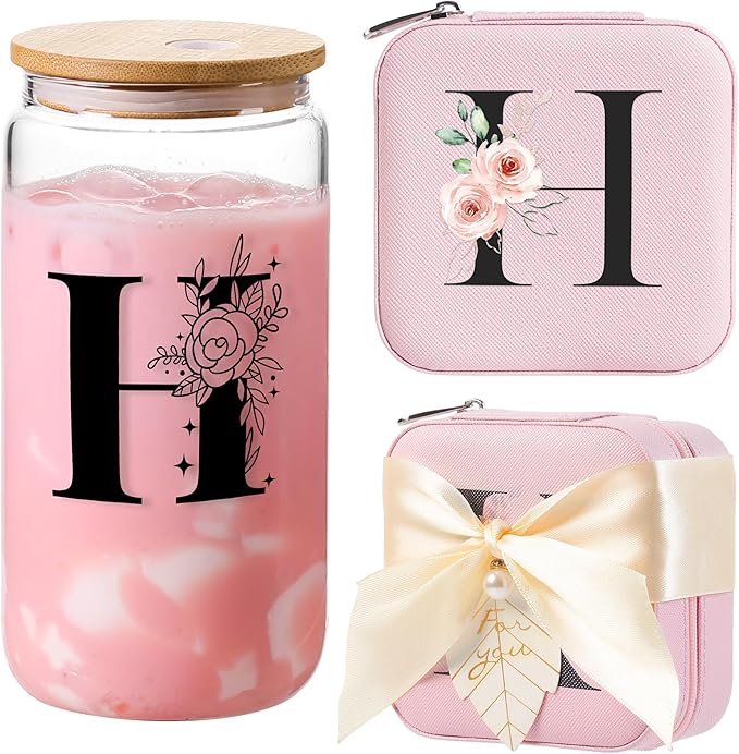 AYGXU mothers day gifts,monogram glass cup,appreciation gifts,Cute Tumbler Cup,bamboo lids for glass cups,Travel Jewelry Organizer,Teen Girls Gifts for Teenage Girls Birthday,Initial H pink
