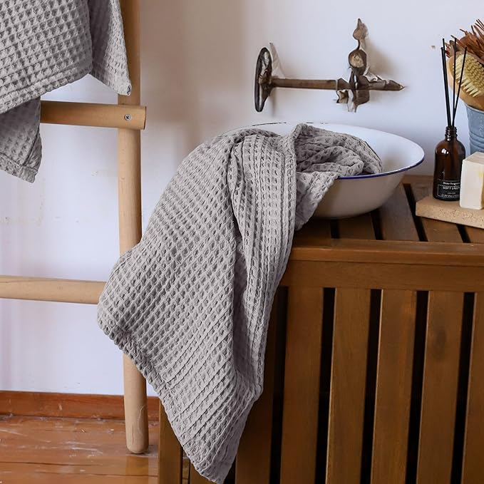 Premium Waffle Hand Towels Pack of 4 Extra Large 20x35 inch - 100% Turkish Cotton, Waffle Weave, Quick Dry, Lint Free, Super Absorbent, Thin Hand Bath Towel (Gray, Set of 4 Hand Towels)