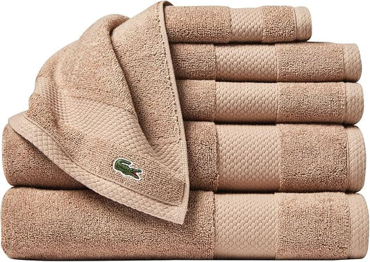 Lacoste Heritage Supima Cotton 6-Piece Towel Set, 2 Bath Towels, 2 Hand Towels, 2 Washcloths, Sand – Highly Absorbent & Quick Drying, Bathroom Essential, Machine Washable