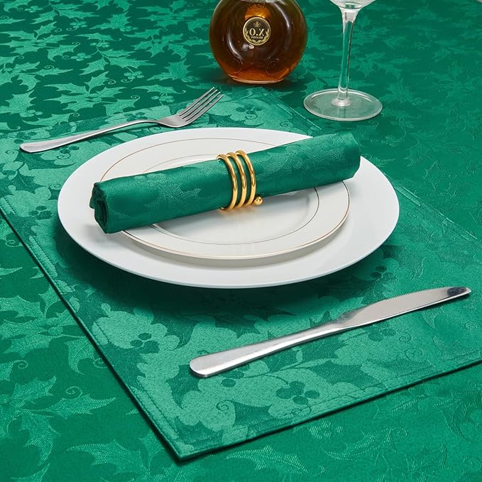 Cloth Place Mats Set of 8–Reusable Rectangular Waterproof Fabric Polyester Washable Wipeable Heat Resistant jacquard floralflowers for Kitchen Dining Dinner Wedding Table(Dark Green/13x19Inch)