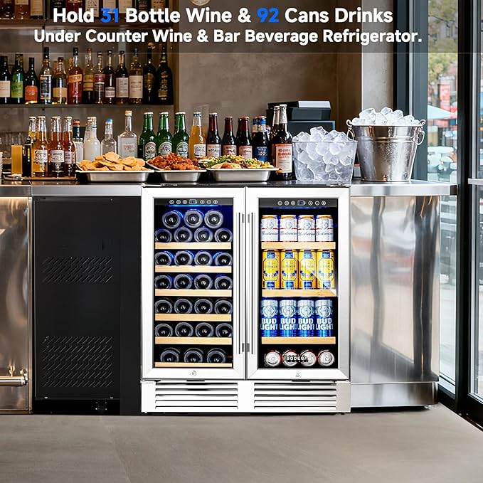 BODEGACOOLER Back Bar Cooler With 2 Glass Doors,30 Inch Under Counter Beverage Refrigerator,Large Capacity Commercial Wine and Beverage Refrigerator,LED Lighting Display Beer Wine Soda Drinks.