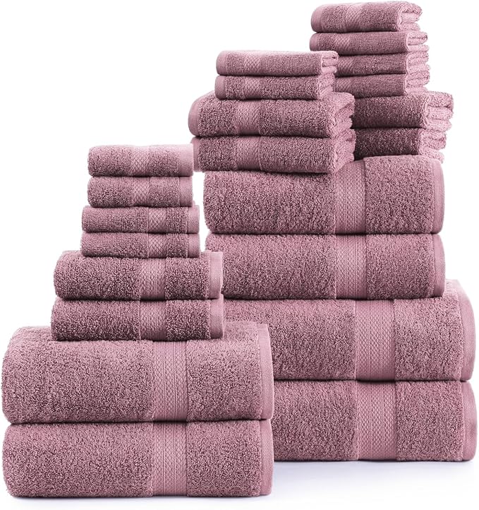 LANE LINEN Bathroom Towels Set - 24 PCs - 100% Ring Spun Cotton - Quick Dry, Soft & Absorbent - 4 Bath, 4 Fingertip, 6 Hand Towel, 8 Washcloths, 2 Bath Sheets - Towels for Regular Use - Wistful Mauve
