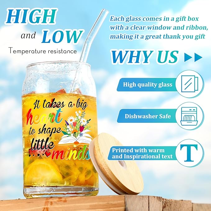 Layhit 12 Set Teacher Appreciation Gifts Glass Cups for Women Men 16 oz Thank You Drinking Cups for Teachers School Staff Can Shaped Glass with Lids Straws and Gift Boxes for Thanksgiving Christmas