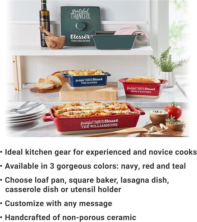Let's Make Memories Personalized Grateful, Thankful, Blessed Stoneware - Red Lasagna Dish
