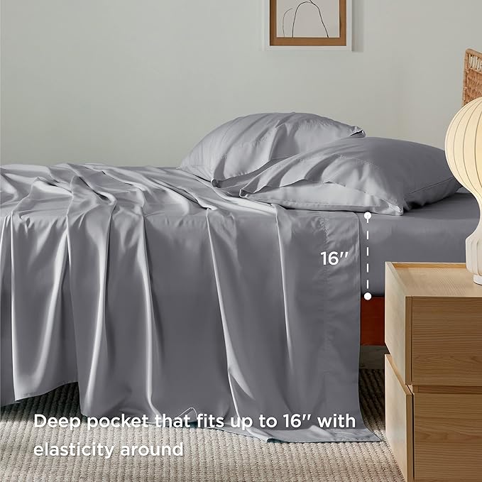 Bedsure Queen Sheet Set, Rayon Derived from Bamboo, Cooling Sheets, Deep Pocket Up to 16", Breathable & Soft, Hotel Luxury Silky Bedding for Hot Sleepers, Silver Grey