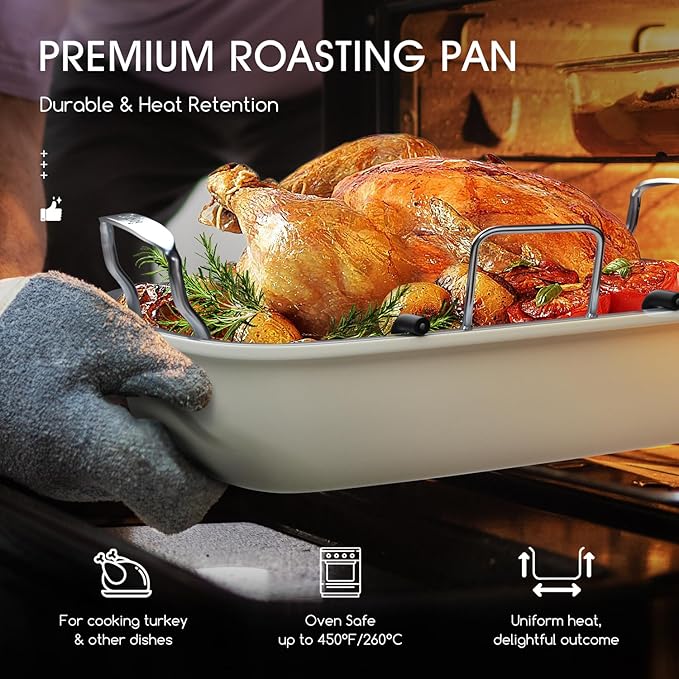 Nonstick Turkey Roasting Pan with Rack, 17 x 13 Inch Turkey Pan, large roaster pan for Meat & Vegetable, White
