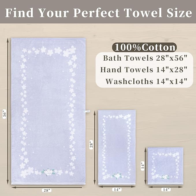 VOOVA & MOVAS Luxury Hand Towels, Bathroom Hand Towels Set of 3, 14"x28" - 100% Cotton | Quick Dry | Absorbent | Light Weight, Soft Towel Set for Showering & Guest, Flower Towel Gift, Purple