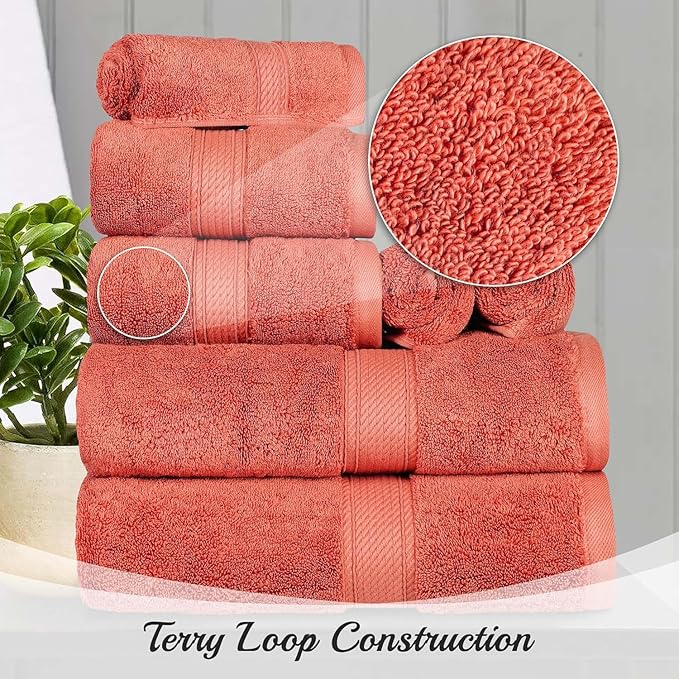 Superior Egyptian Cotton Pile Bath Towel Set of 4, Ultra Soft Luxury Towels, Thick Plush Essentials, Absorbent Heavyweight, Guest Bath, Hotel, Spa, Home Bathroom, Shower Basics, Coral