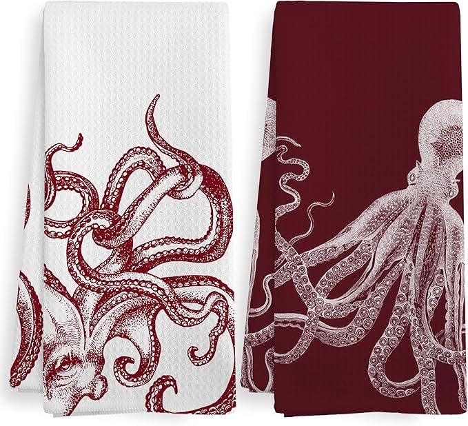 Coastal Red Octopus Beach Decor Dish Hand Tea Towels for Bathroom Kitchen, Octopus Ocean Nautical Beachy Bathroom Decor, Coastal Nautical Kitchen Towels and Dishcloths Sets of 2, 16x24 Inches