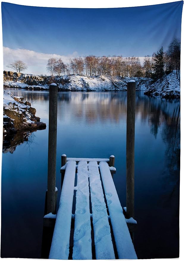 Ambesonne Landscape Tablecloth, Photo of Wooden Deck on The Shore of a Small Lake in Frozen Winter Sweden, Rectangular Table Cover for Dining Room Kitchen Decor, 60" X 84", White Brown