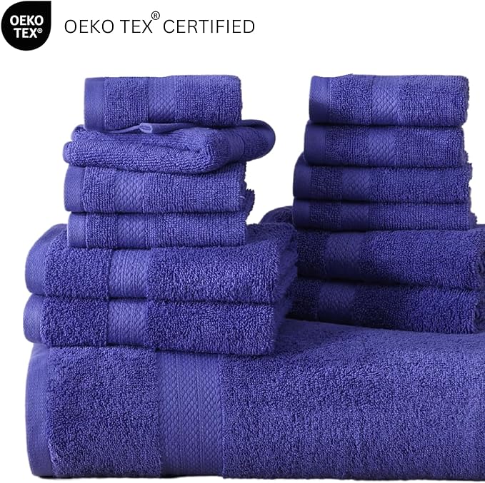 LANE LINEN Cotton Bath Towel Set - 18 PCs - 4 Shower Towels, 8 Washcloths, 6 Turkish Hand Towels for Bathroom - Sustainably Produced, Ultra Soft & Absorbent - Blue Irish