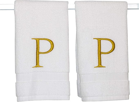 Monogrammed Hand Towels for Bathroom - Luxury Hotel Quality Personalized Initial Decorative Embroidered Bath Towel for Powder Room, Spa - GOTS Organic Certified - Set of 2 Gold Letter P