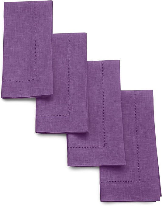 Solino Home Purple Linen Napkins Set of 4-100% Pure Linen Hemstitch Dinner Napkins 20 x 20 Inch for Winter, Holiday, Valentines, New Year - Classic Hemstitch