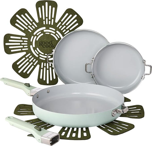 GoodCook Ceramic Cookware Set 7-Piece with Removable Handles, Induction Compatible Fry Pans, Nonstick and Oven Safe, Sage Green