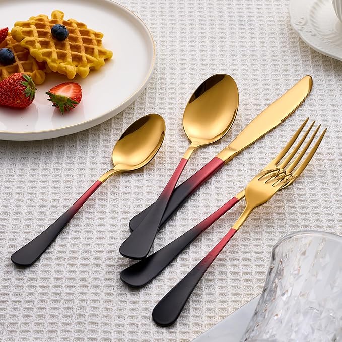 20 Piece Black Red and Gold 18/0 Flatware Utensil Set for 4, Include Dinner Knife,Dinner Forks,Dinner Spoons,Salad Forks,Teaspoons,Silverware Set for 4, Dishwasher Safe