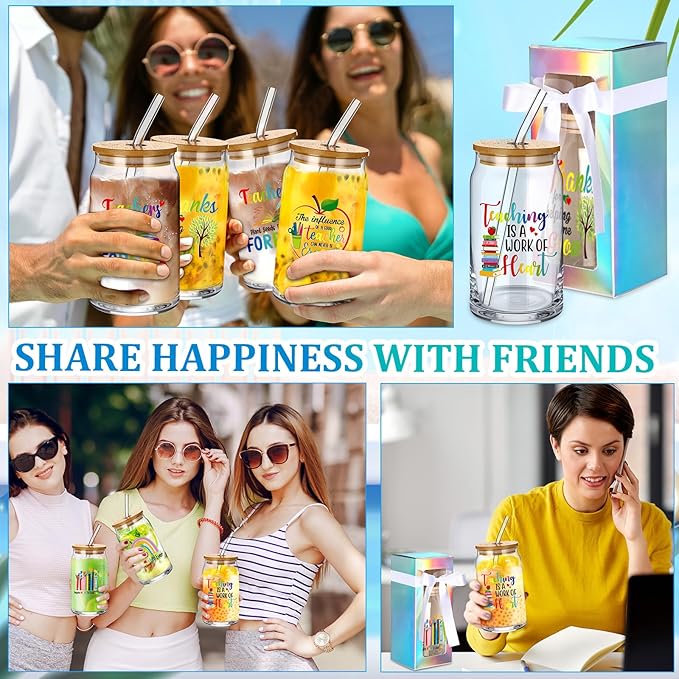 Layhit 12 Set Teacher Appreciation Gifts Glass Cups for Women Men 16 oz Thank You Drinking Cups for Teachers School Staff Can Shaped Glass with Lids Straws and Gift Boxes for Thanksgiving Christmas