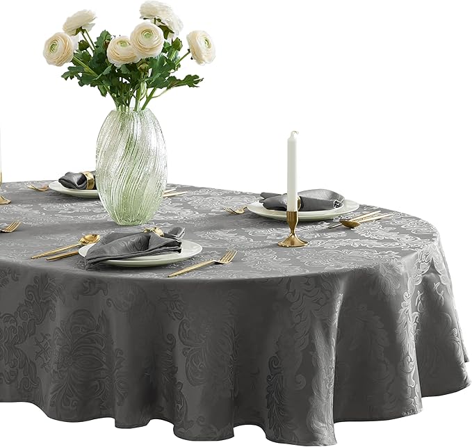 Newbridge Christmas Barcelona Damask Fabric Tablecloth, 60 x 84 Inch Oval, Grey – No Iron, Soil Resistant Table Cover for Dining, Parties and Holidays